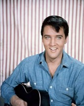 Elvis Presley looks cool in blue denim shirt holding guitar smiling 8x10 photo - £7.67 GBP