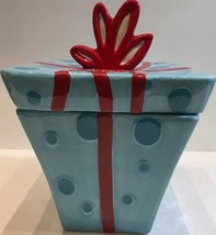 Sleight Bell Bistro Ceramic Cookie/ Candy Jar Rockin' Aqua Present w/ Bow Style - £23.64 GBP