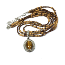 Avon Triple Strand Tigers Eye and Wood Bead Pendant Necklace Brown 18&quot; - $12.00