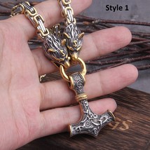 Viking Wolf Fenrir Head Amulet Thor Hammer Mjolnir Pendant King Chain Ne... - £29.87 GBP