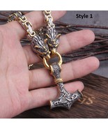 Viking Wolf Fenrir Head Amulet Thor Hammer Mjolnir Pendant King Chain Ne... - £30.01 GBP