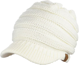 C.C Brand Brim Visor Trim Ponytail Beanie Ski Hat Knitted Messy Bun Cap - White - £12.31 GBP