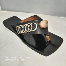 Handmade Leather Wood Sandals Thong Shoes Black Circles Flip Flop One Of... - £159.77 GBP