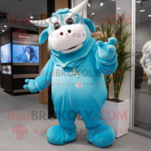 Sky Blue Bull mascot costume character dressed with a Parka and Gloves - £926.16 GBP