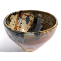 handmade pottery bowl earth tones chocolate brown black raku drip blue 3 in tall - £17.29 GBP