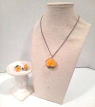 Lucite VTG Jewelry Set Screw Back Earrings and Necklace Yellow Roses Pendant - £21.98 GBP