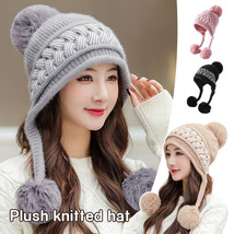 Knitted Hat Womens Wool 3 Ball Ear Protection Wool Hat Winter Plush Warm Hats - £9.64 GBP