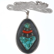 MId Century Southwestern Modernist sterling, turquoise, and coral pendant - $202.70