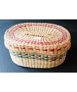 Vintage Tight Woven Sweetgrass Basket w/ Lid Vanity Trinket Holder Red &amp;... - $19.99