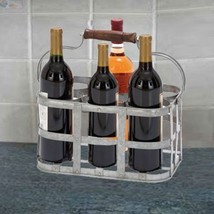 6 Bottle Farmhouse Metal Wine Holder with Wooden Handle, Gray - £36.44 GBP