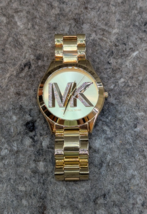 Michael Kors Slim Runway Glitz Crystals Watch Gold MK Logo Dial Stainles... - $139.99
