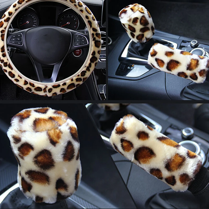 NEW 1/3Pcs/set Fashion Leopard Printed Steering Wheel Cover Hand Brake Gear - £9.92 GBP+