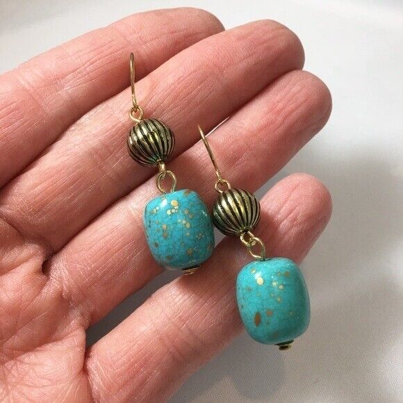 Turquoise Gold Fleck Drop Dangle Earrings - $14.85