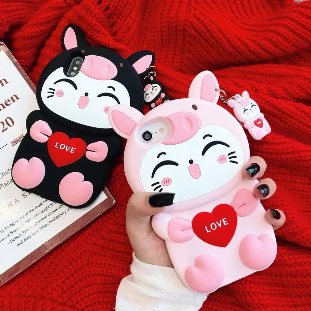 3D Cartoon Cute Pig Lucky Love Cat Silicone Cover For iPhone 6 6s X XR Xs 11 12 - £14.53 GBP