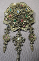 Vintage Pin Brooch Antique-Look Dark Patina Metal Colored Rhinestones 4&quot; x 2&quot; - £12.60 GBP