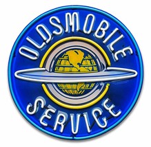 Oldsmobile Service Neon Stylized Round Metal Sign by Larry Grossman - £39.24 GBP