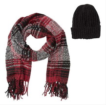 2 PCS Steve Madden Scarf  + Beanie Set Plaid Blanket Wrap Fringe + Ribbe... - $26.33