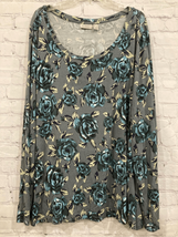 LOGO by Lori Goldstein Womens Large Pullover Tunic Top Gray Blue Floral Stretch - £15.71 GBP