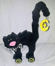 Halloween Black Cat With Wheels &amp; Yellow Dangle Moon star 11 1/2&quot; Tall Wood - $12.95