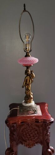 Vintage Fenton Cranberry Glass Cherub Angel Italian Marble Table Lamp  - $178.19