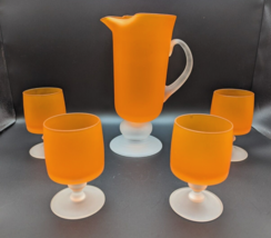 MCM Vintage Retro Frosted Orange Footed Glass Goblets &amp; Pitcher Set Of 5 - $133.52