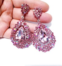 Bridesmaid Drop Earrings, Pink AB Chandelier Earrings, Rhinestone Austrian Cryst - £32.31 GBP