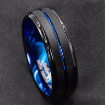 8mm Tungsten Men&#39;s Black Brushed Thin Blue Center Band - £23.91 GBP