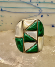 Malachite ring MOP southwest band size 12 sterling silver women men AS IS - £132.94 GBP