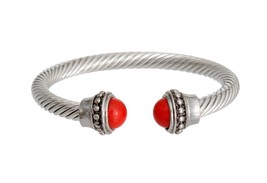 Fashion Women Cracked Red Bead Stud Classic Burnished Silver Bangle Bracelet - £23.52 GBP