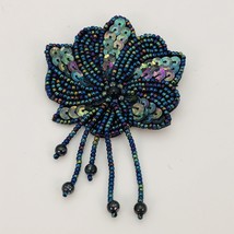 Beaded Flower Leaf Pin Brooch Blue Iridescent Seed Beads &amp; Sequins 2.25 inch - £9.45 GBP