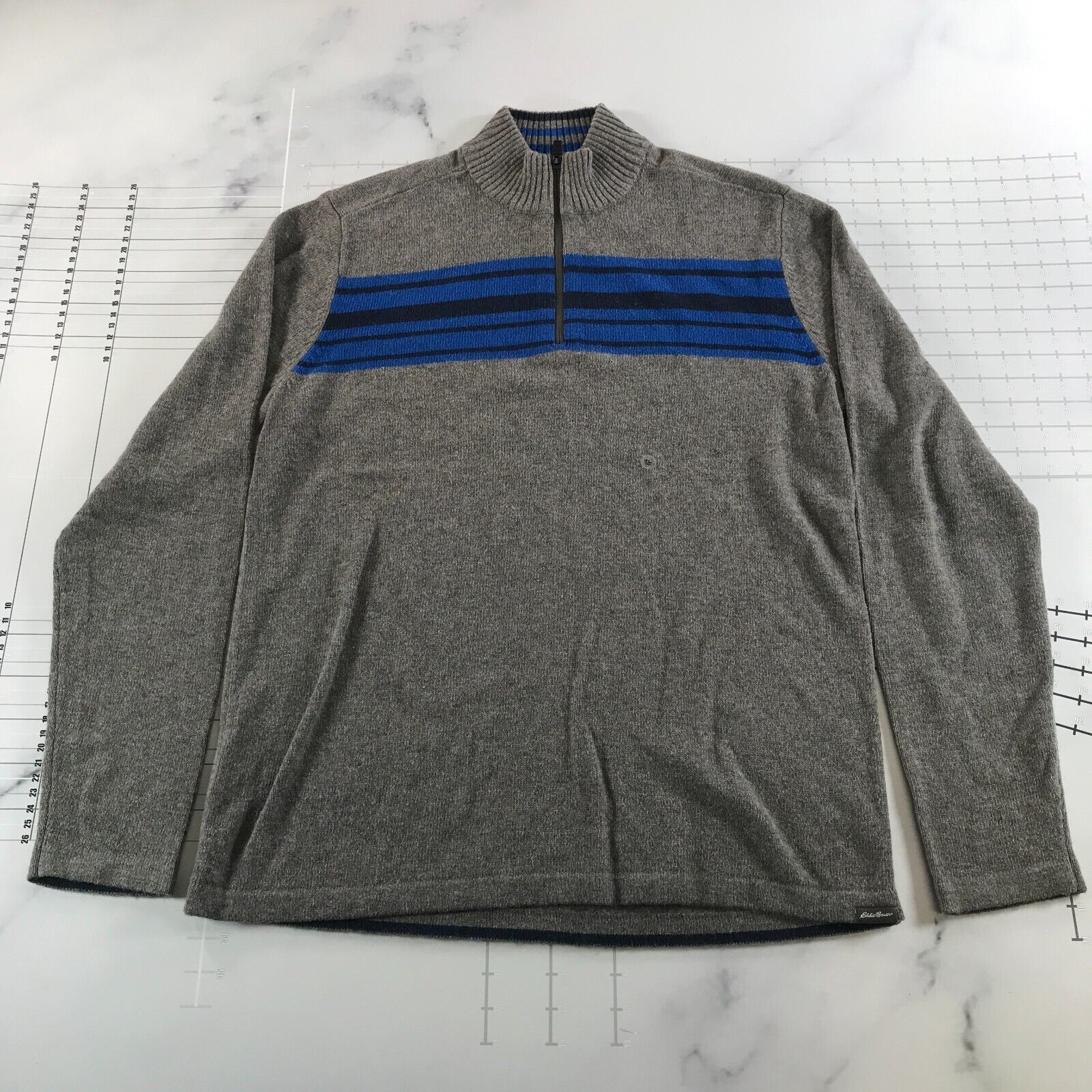 Primary image for Eddie Bauer Sweater Mens Tall Large Grey Blue Black Stripe Quarter Zip Wool