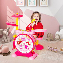 2-in-1 Kids Electronic Drum and Keyboard Set with Stool-Pink - Color: Pink - £81.04 GBP
