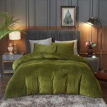 King Velvet Comforter Cover Set Ultra Soft Breathable Cozy Velour, Olive Green. - £67.33 GBP