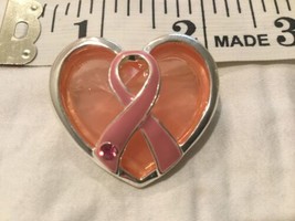 Breast Cancer Awareness Heart Pink Ribbon Pin Brooch Silver Tone - £11.54 GBP