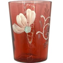 Antique Victorian Art Glass Tumbler Cranberry Hand Painted Paneled 4&quot; Dr... - $18.50