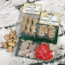 Vintage Raw Wood Crafting Pieces Hearts Wheels Spools Crafting Lot  - £11.15 GBP