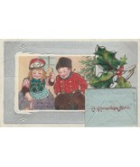 Vintage Postcard Christmas Children Glitter Holly Tiny Envelope and Note - £8.69 GBP