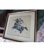 JAPANESE MIDCENTURY ORIGINAL PAINTING OIL ON SILK SAMURAI IN BLACK HORSE... - $334.11 CAD