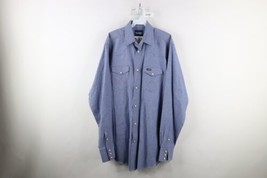 Vtg 90s Wrangler Mens Large Tall Spell Out Chambray Western Snap Button Shirt - £39.38 GBP