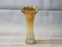 Vintage IMPERIAL GLASS 11.5&quot; Trumpet Vase CARNIVAL GLASS Marigold To Clear - $28.49