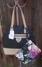 Betsey Johnson Trap Tote Bag Purse Black Floral W Zipper Pouch BB18330 - $109.00