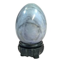 Vintage Alabaster Hand Carved Stone Egg Blue Marble With Stand Paperweig... - $16.35