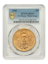 1908 $20 PCGS MS67 (No Motto) ex: Wells Fargo - £5,986.06 GBP