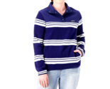 Lands&#39; End Heritage Fleece Snap Neck Pullover - Navy Ivory Stripe, SMALL - $26.00