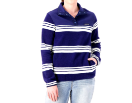 Lands&#39; End Heritage Fleece Snap Neck Pullover - Navy Ivory Stripe, SMALL - £20.83 GBP