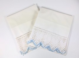 2 Vintage Hand Crocheted Standard Pillowcases Cotton Heart Pattern White BLUE - £18.18 GBP