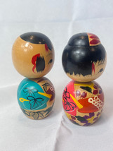 1988 Japanese Kokeshi Man Woman Couple Dolls Art Painted Wood Carved Fig... - $29.65