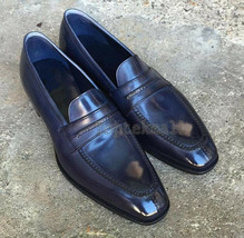 Handmade Men&#39;s Leather Blue Burnished Loafers Slip Ons Modern Formal Shoes-59 - £178.62 GBP