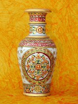 9&quot; Marble Stone Flower Vase Grill Hand Carved Pot Handicraft Meenakari Painted - £77.44 GBP