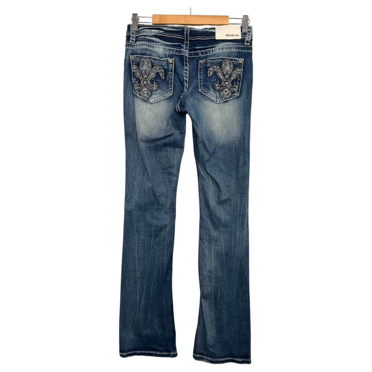 Grace Jeans Womens 27 Blue Boot Cut Low Y2K Fleur de Lis Rhinestone Embr... - $31.67